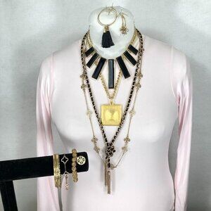 Gold Tone and Black Jewelry Lot  Bracelets, Earrings & GUESS Long Rope Necklace